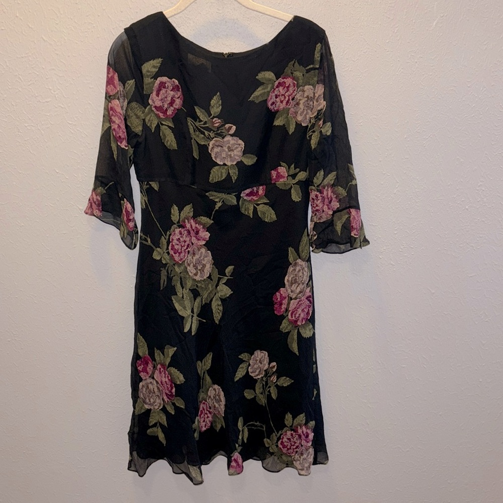 Talbots Pure Silk Fit Flare Dress Black Floral Sheer Sleeve Women’s Sz 10 Petite